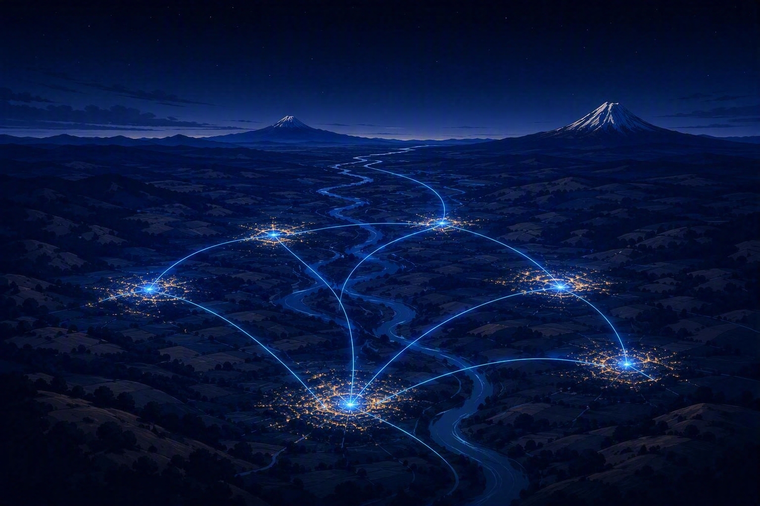 Illustration of the Sacramento Valley from Red Bluff toward Lassen and Shasta at night, towns lit in lightning blue