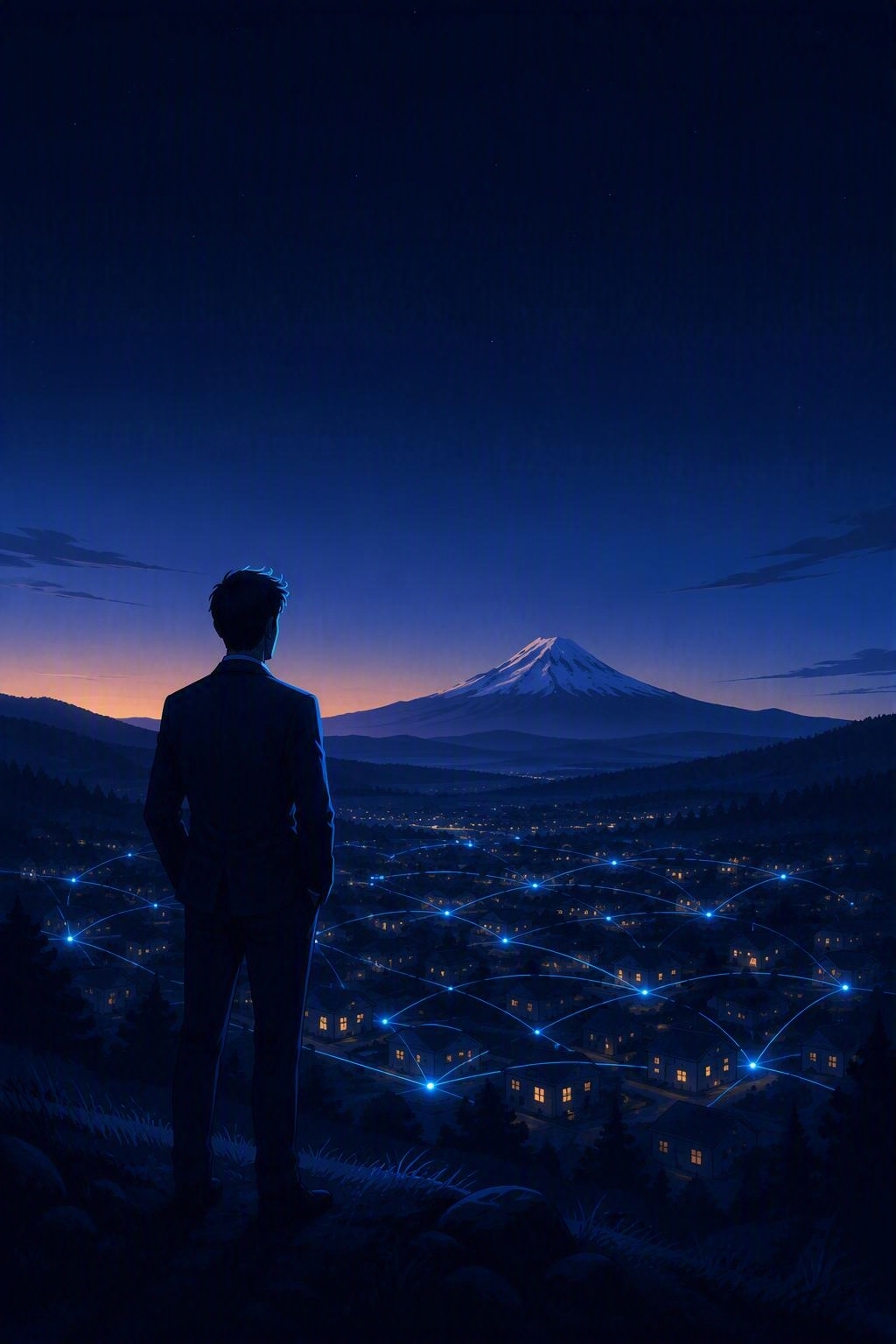 Illustration: a figure in a suit on a hillside above a North State town at dusk, with lightning-blue lines linking the houses